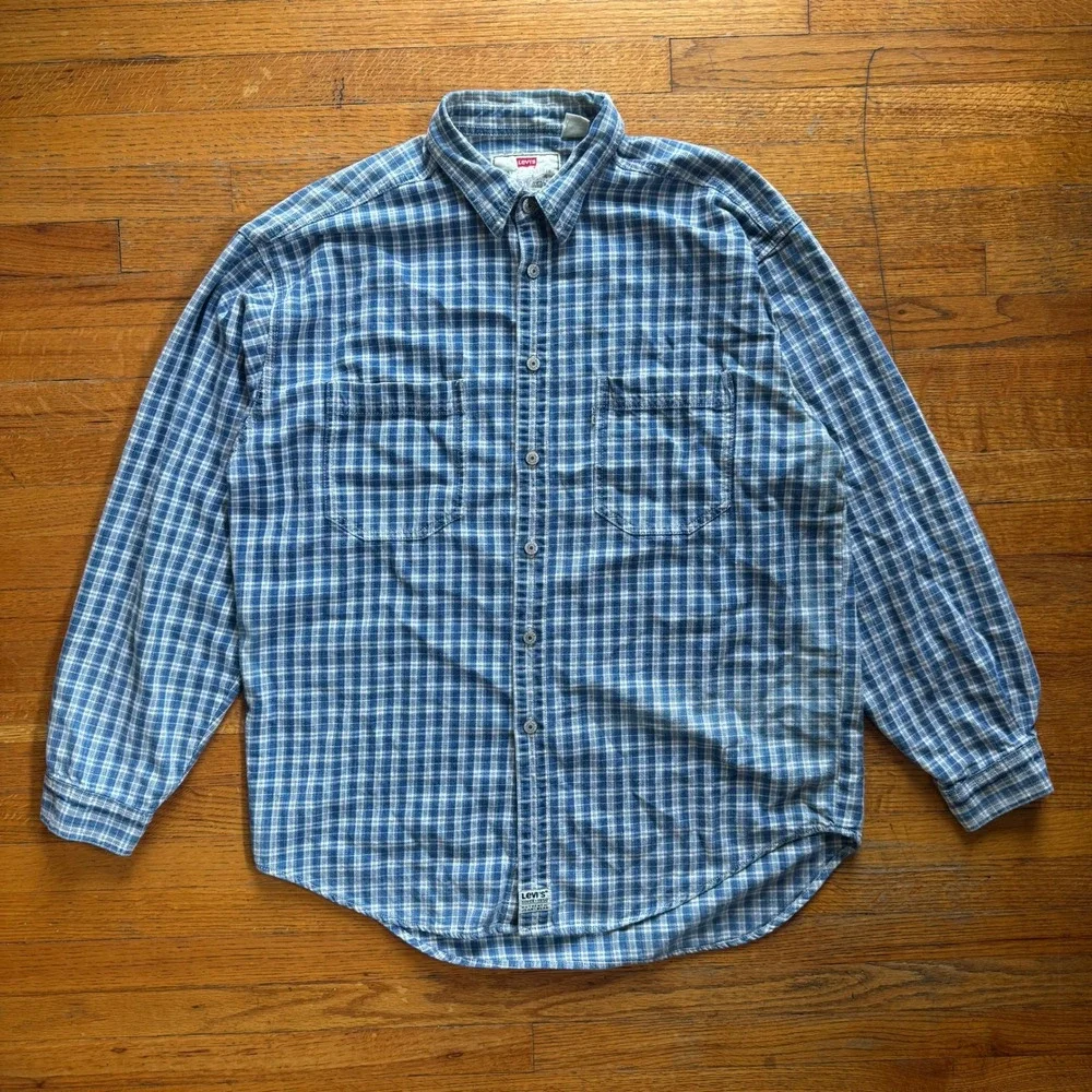 Levis Mens Blue White Plaid Cotton Flannel Button Down Shirt Long Sleeve Size L‎